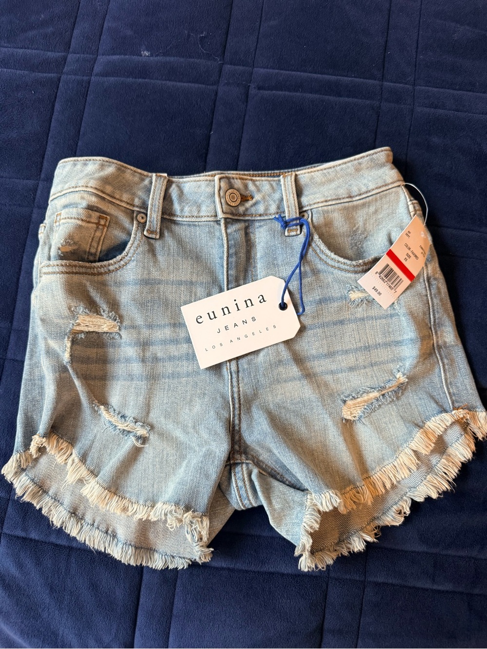 eunina Light Wash Distressed Frayed Denim Shorts